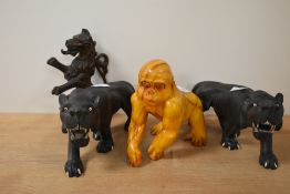 A pair of vintage hardwood Indian carved tiger figures, h11cm x w20cm, sold together with a