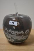 An attractive coloured art glass apple paperweight by Glasdon UK Ltd., etched to base, having a