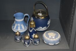 A good selection of blue and white Wedgwood pottery, to include a large sugar shaker, a salt and