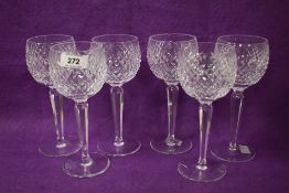 A set of six Waterford Alana Hock crystal wine glasses, makers mark to base, h19cm