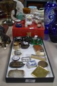 A collection of sundrie items including enamel boxes, white metal coin purse and ceramic ornaments
