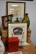 A collection of writing equipment, advertising and inks, including a Mabie Todd & Bard wooden nib
