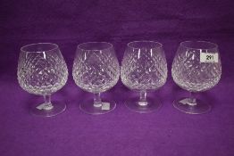 A set of four Waterford crystal cut brandy bells, marked to base, h13cm.