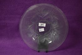 An early 20th century Art Deco style Joblings frosted glass dish, having fir cone decoration, w24cm