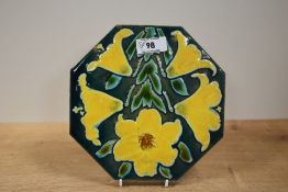 A late 19th Century octagonal shaped tile by Maw & Co., Benthall, the glazed design depicting yellow