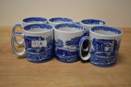 Six Spode Italian design C. 1816 blue mugs, stamped to underneath.