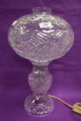 A mid-century crystal cut mushroom type table lamp, h42cm
