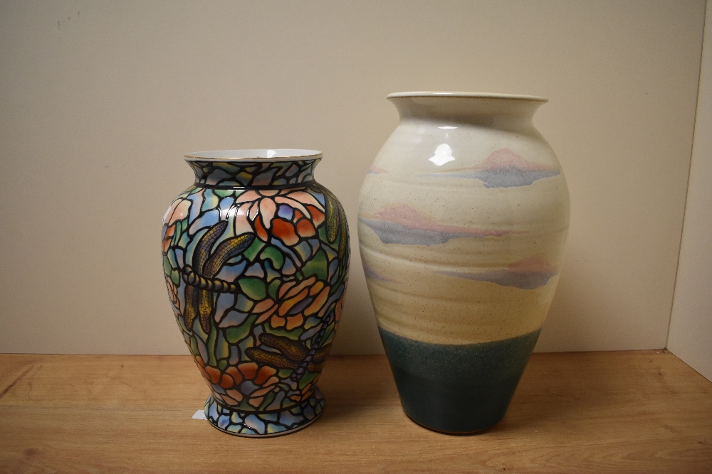 A mid-century Chinese Tiffany inspired baluster vase, the body multicoloured with dragon fly and