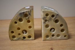 A pair of vintage alabaster Swiss cheese bookends featuring miniature mice inside the eye's, h12cm.