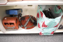 A Tri-ang tin plate tipping wagon having orange chassis and cab with blue body along with a