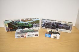 Four Airfix plastic kit 00 gauge Locomotives, Evening Star, BR Mogul, Prairie Tank and Saddle