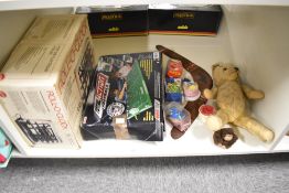 A shelf of mixed toys including mid 20th century straw filled Teddy Bear, height 40cm, Ideal Table