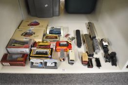 A shelf of 00 gauge Rolling Stock and modern Corgi, Oxford, EFE Die-casts, 20+, diecasts boxed