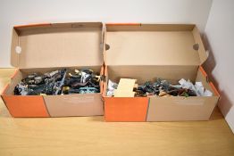 Two boxes of plastic figures and accessories including Playmobil, China Military etc