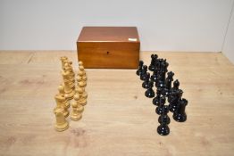 A J Jaques & Son Ltd Staunton Chessmen Boxwood and Ebony Chess Set, in original mahogany box with