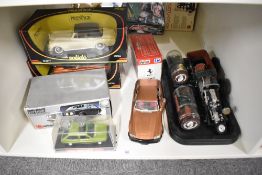 A shelf of mixed scale models, Solido Prestige 1:18 8006 Rolls Royce and 8007 Bentley, Burago 3001