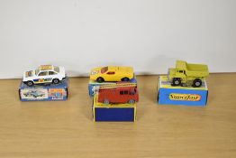 Four Matchbox Die-casts, Moko Lesney No 9 Fire Engine, Superfast No 28 Mack Dump Truck, New 9 Ford
