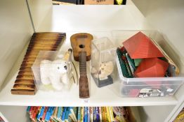 A shelf of mixed Toys, two modern Steiff Polar Bear and Bear both with yellow tags, Bakyo Outfit