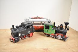 Three Lehmann LGB G Scale Engines and Tram, 0-4-0 995001 & No 2, tram not numbered