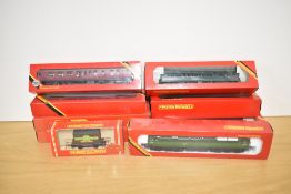 A Hornby R060 BR Diesel Locomotive D1738 along with eight Hornby Carriages, Centre Cars and Wagons