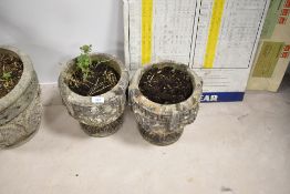 Two concrete garden planters (with contents)