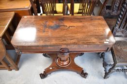 A William IV rosewood fold over tea table, width approx. 91cm
