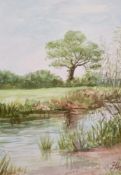 Flo-anne Byford (British, 20th century) watercolour painting of rural scene with stream, signed