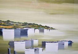 Leon Denoel (Swiss b.1934) a large gouache on paper, coastal landscape with boats and reflective