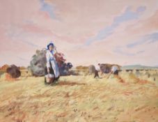 William Norman Gaunt (British 1918-2001) watercolour, a farmers wife bringing lunch for the