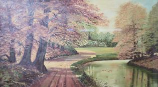 Artist unknown, oil on panel, autumnal wooden landscape, possibly Williamson Park Lancaster, artists