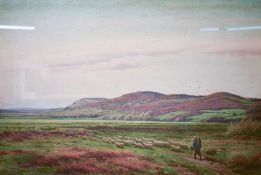 Joseph Knight (British 1837-1909) watercolour, droving sheep within a rural landscape, signed and