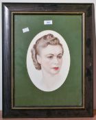 Artist unknown, watercolour, portrait of a young woman, oval within a green card mount and moulded