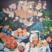 Simon M Smith (British b.1957) 'Still Life with Grapes and a Bird' a vibrant and eye catching oil on