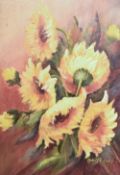 Molly Fidler (British 20th century) oil on board, still life study of sunflowers, signed lower