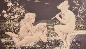 After William Stephen Coleman (British 1829-1904) print on silk 'Moonlight Melody' within a green