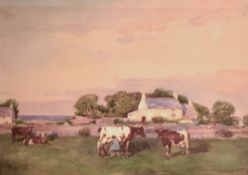 Henry J Lyon (British act.1897-1933) watercolour, Ayrshire cow being milked, farm house behind,