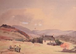 A W Brown (20th century) watercolour, remote farm scene, signed lower right, within a washline
