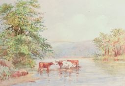 H Smithbirt (British 19th/20th century) watercolour, cattle watering, within an oak mount and