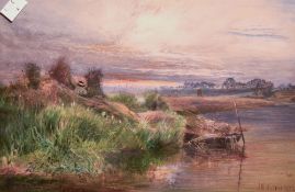 J.W Walker (British 19th century) watercolour, reed cutter on a riverbank at sunrise, signed an