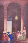 Hans Hansen RSW (1853-1947, British), gouache, An Arabian interior scene with seated figures, signed