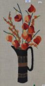 20th Century School needlework embroidery, a still life arrangement depicting a vase of Chinese
