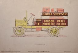 Artist unknown, 20th century colour print showing a Louis Vuitton delivery car, in white mount,