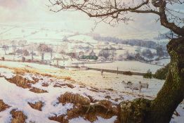 After Keith Melling. Colour print of 'Pendleside in Winter, Lancashire' from original oil