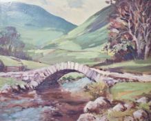 Local interest* T Brown (British 20th century) oil on board, lakeland landscape with bridge,