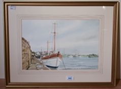 P.J Hargreaves (British contemporary) watercolour, harbour scene with moored boats, signed lower