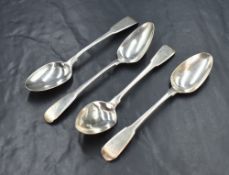 A set of four George III silver fiddle pattern teaspoons, having 'JAD' monogram to the terminal,