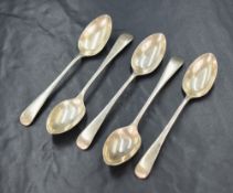 A group of five Victorian silver Old English pattern teaspoons, marks for Birmingham 1899, maker B &