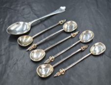 A cased set of Elizabeth II Scottish silver artisan teaspoons, having contemporary decoration to the