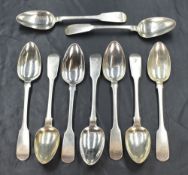 A group of nine William IV silver fiddle pattern spoons, having 'J' initial to terminals, marks
