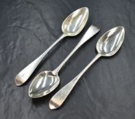 A group of three 18th/19th century silver Old English pattern spoons, having 'R' monogram to the